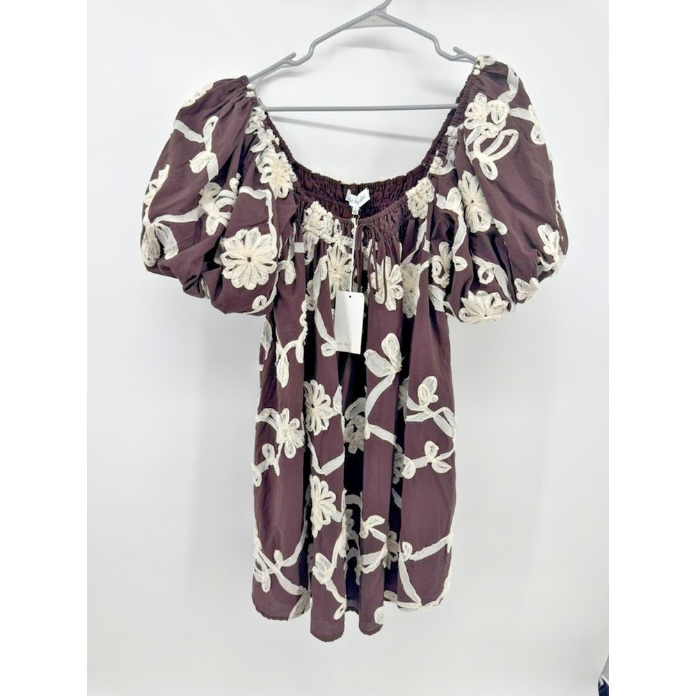 Sofie The Label Brown Floral Embroidered Puff Sleeve Babydoll Mini Dress S NWT